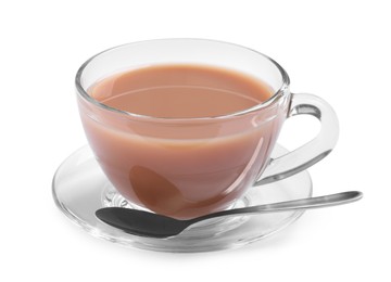 Photo of Delicious tea with milk on white background