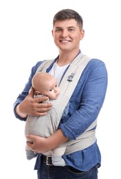 Photo of Father holding his child in baby carrier on white background