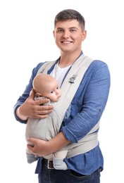 Father holding his child in baby carrier on white background