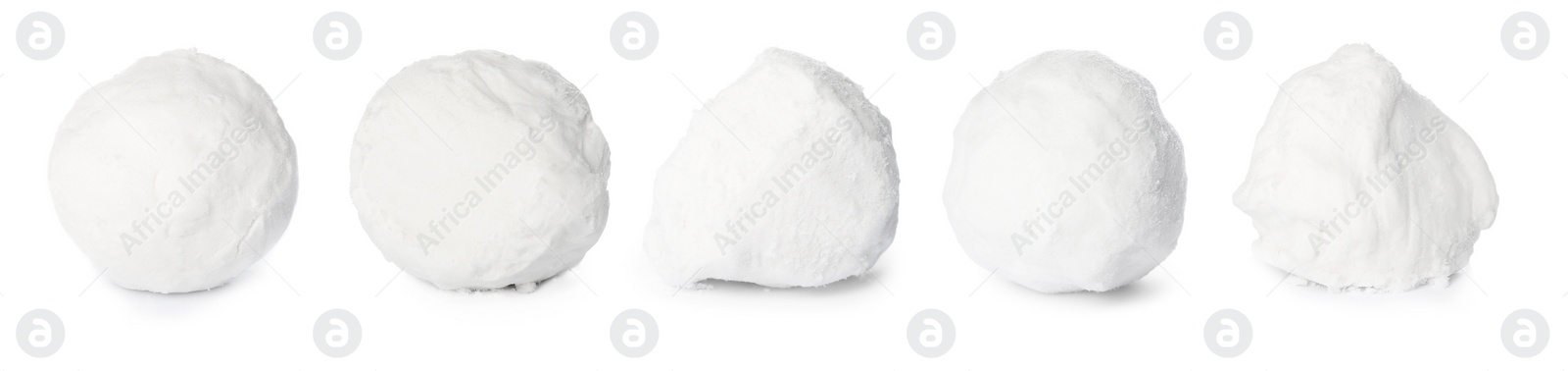 Image of Set of different snowballs on white background. Banner design