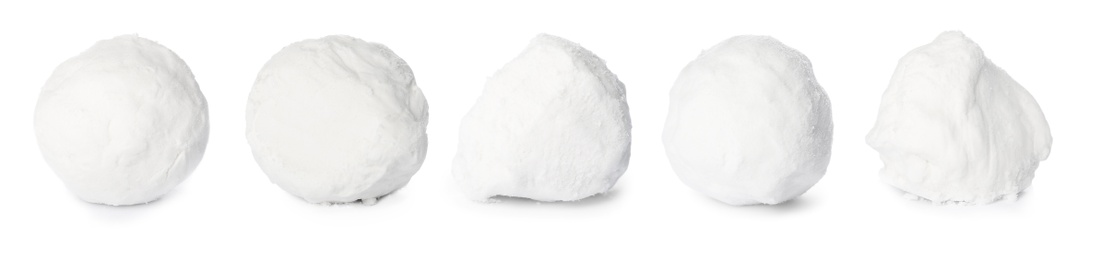 Image of Set of different snowballs on white background. Banner design