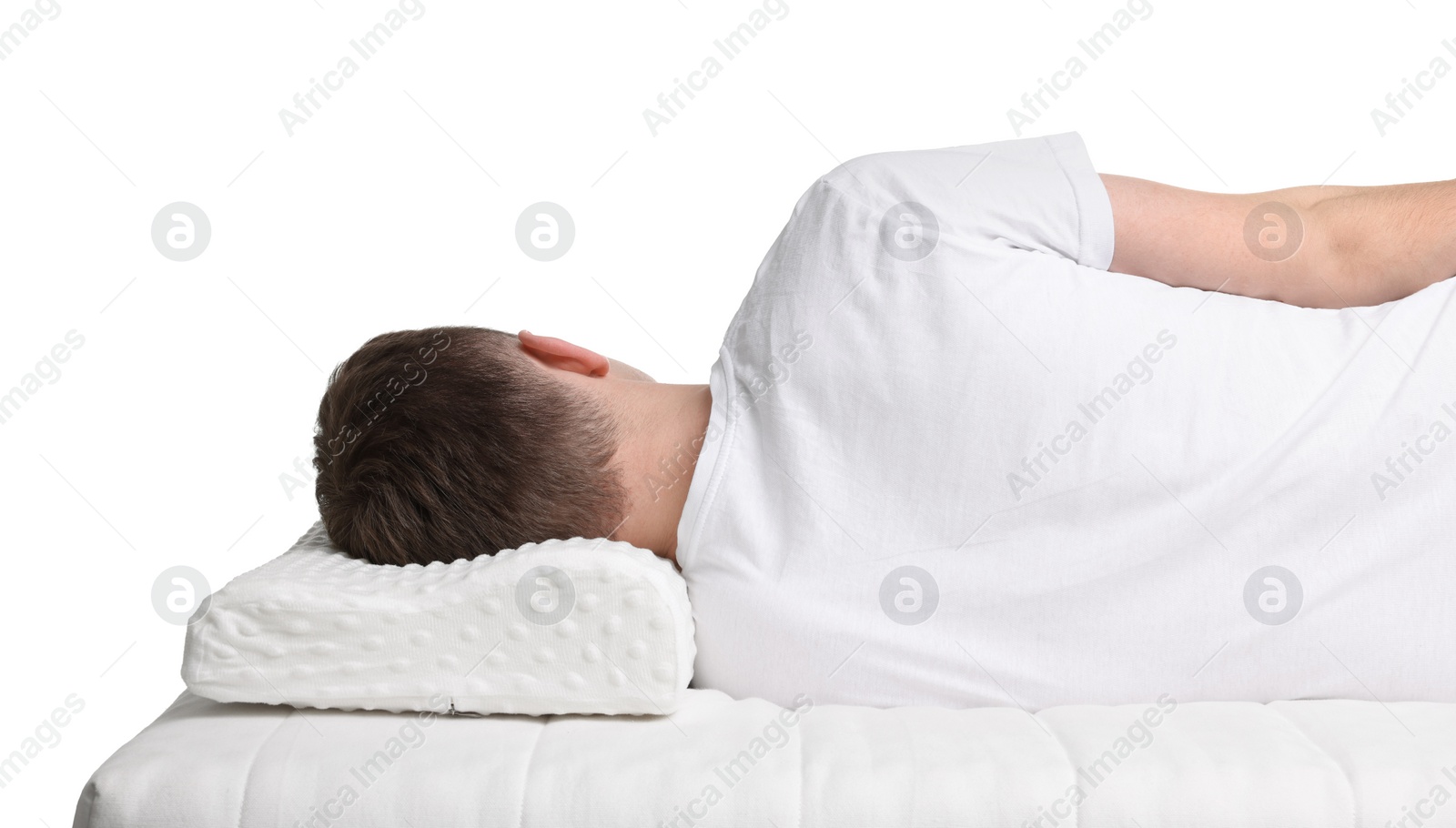 Photo of Man sleeping on orthopedic pillow against white background