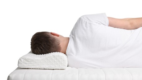 Man sleeping on orthopedic pillow against white background