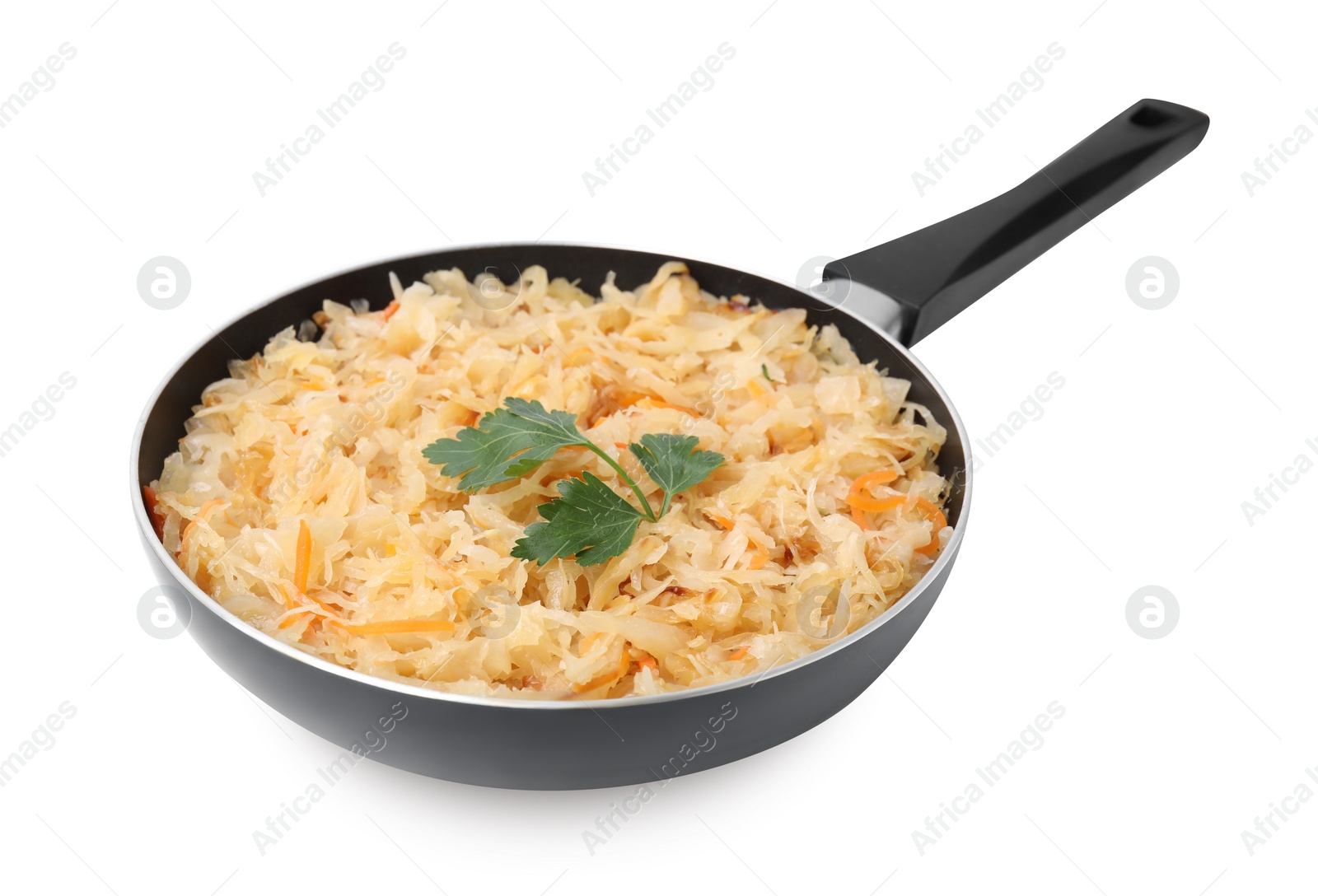 Photo of Frying pan with sauerkraut isolated on white