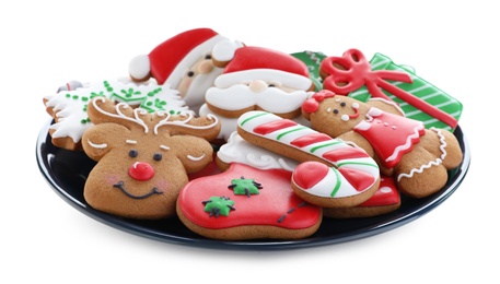 Photo of Delicious gingerbread Christmas cookies on white background