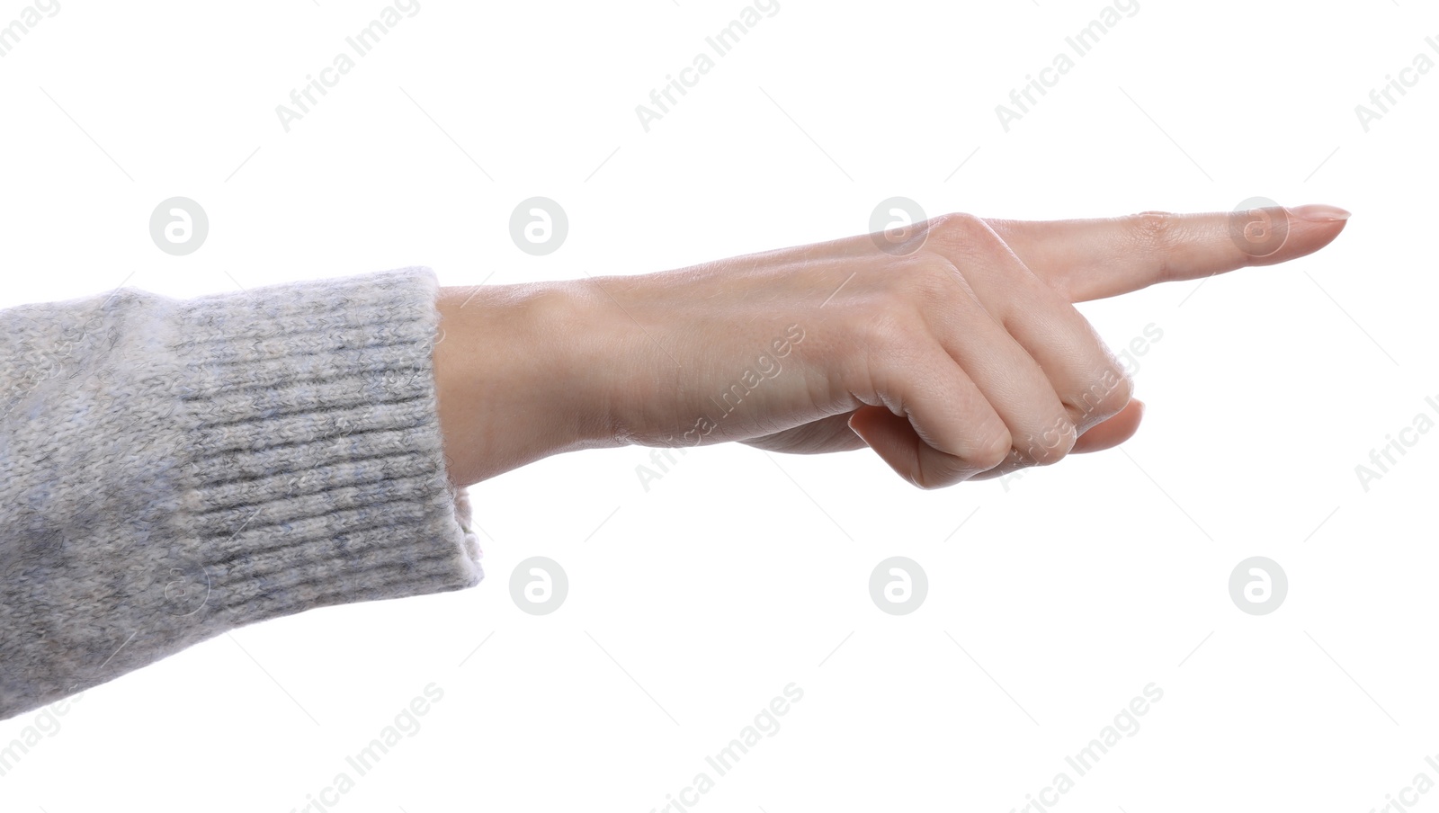 Photo of Woman pointing with index finger on white background, closeup