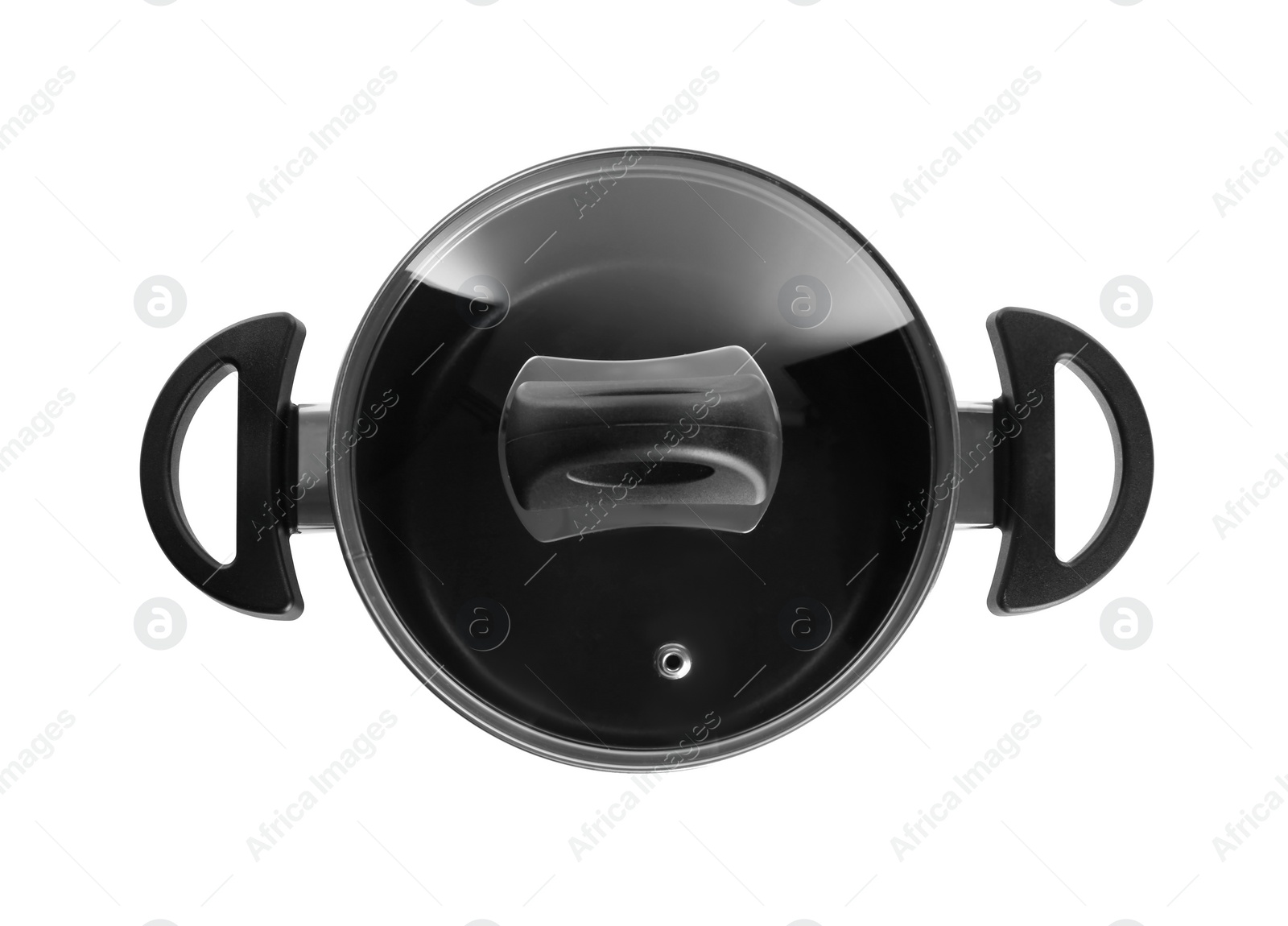 Photo of New cooking pot isolated on white, top view. Kitchen utensil