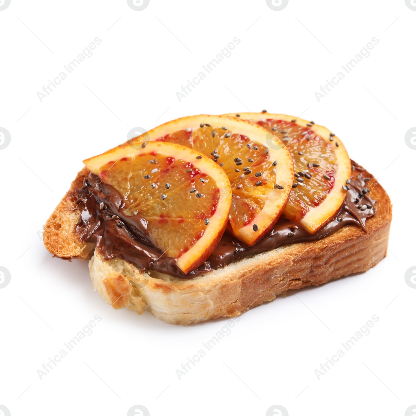 Photo of Tasty toast with chocolate paste, orange and chia seeds on white background