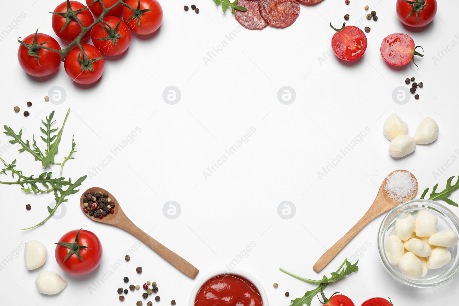 Photo of Composition with fresh ingredients and space for text on white background, top view. Pepperoni pizza recipe