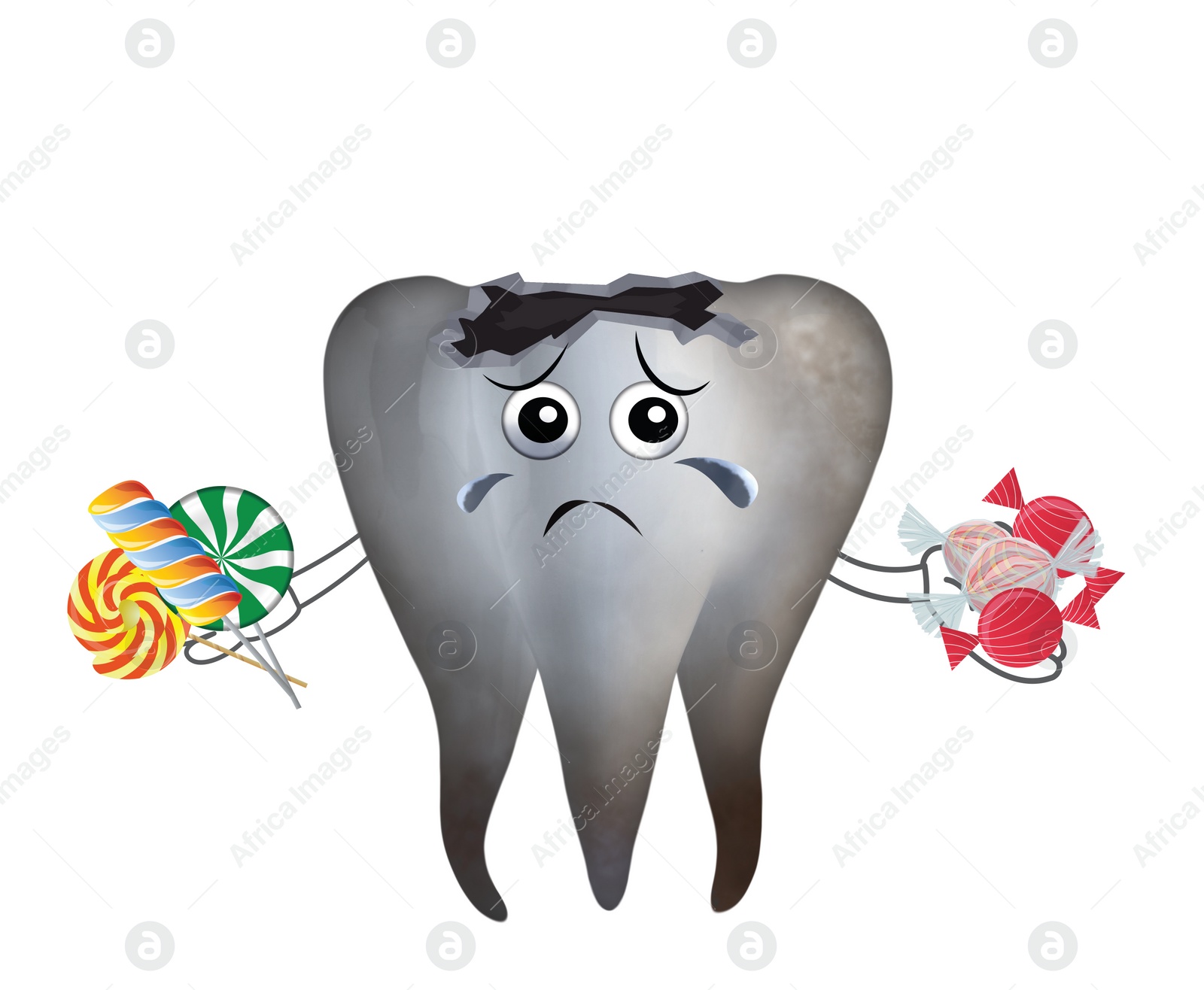 Illustration of Unhealthy tooth with sweets on white background, illustration. Dental problem