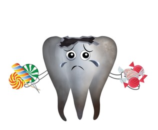 Illustration of Unhealthy tooth with sweets on white background, illustration. Dental problem