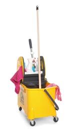 Mop bucket with cleaning supplies on white background