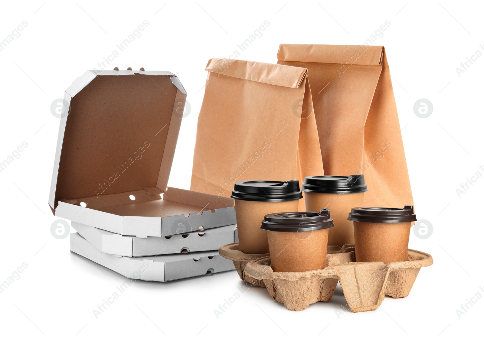 Image of Set with cardboard pizza boxes, takeaway cups and paper bags on white background