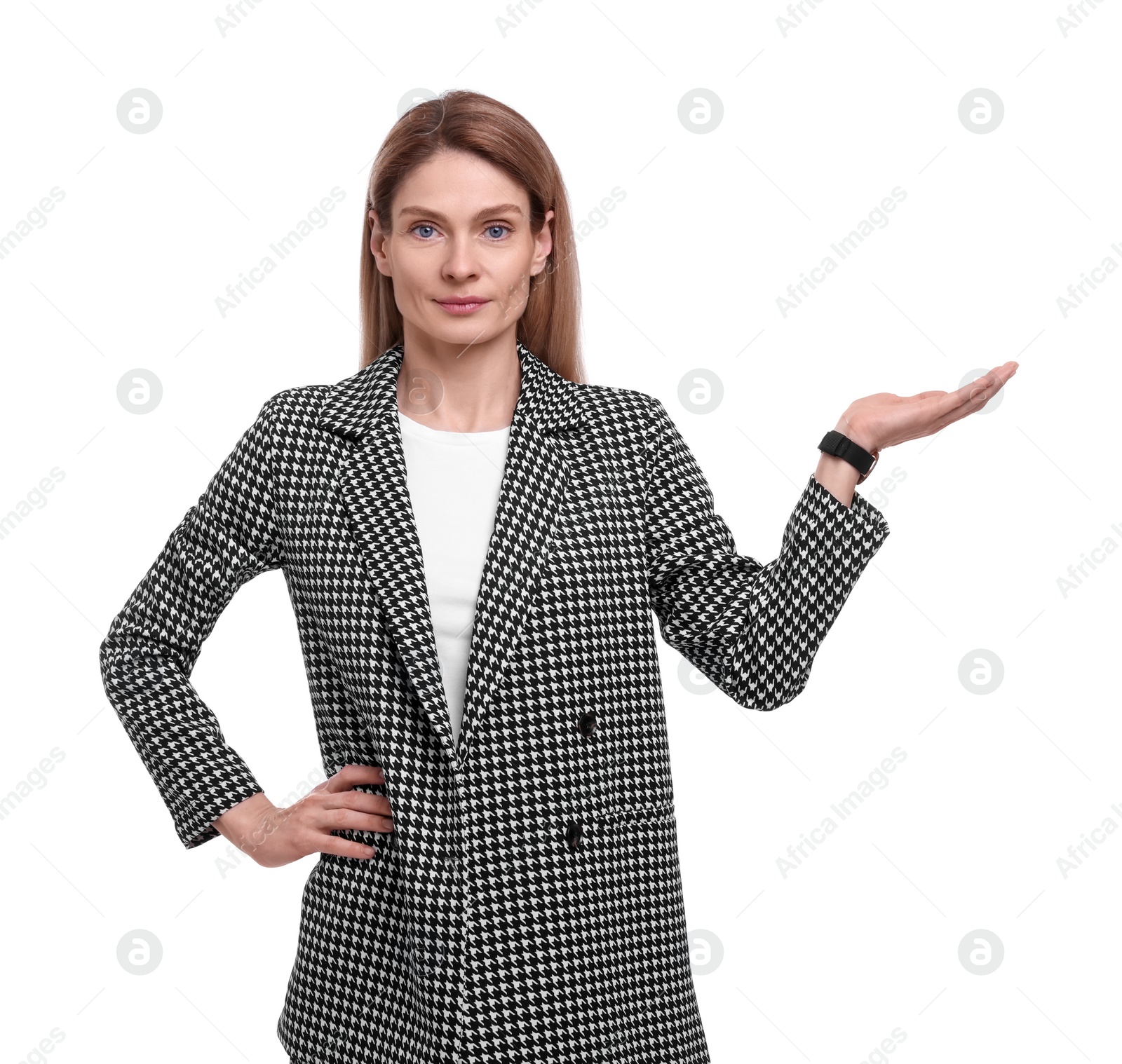 Photo of Beautiful businesswoman in suit welcoming on white background