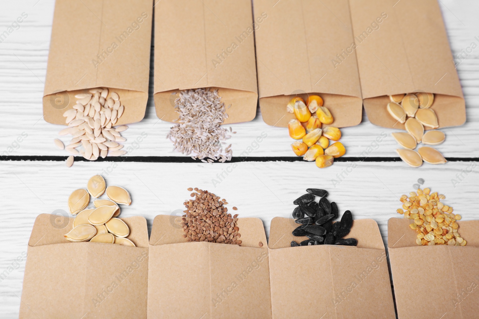 Photo of Many different vegetable seeds on white wooden table, closeup