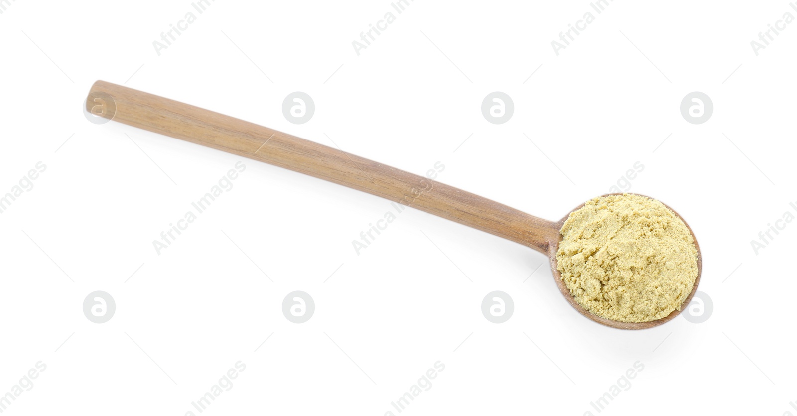 Photo of Wooden spoon with aromatic mustard powder on white background, top view