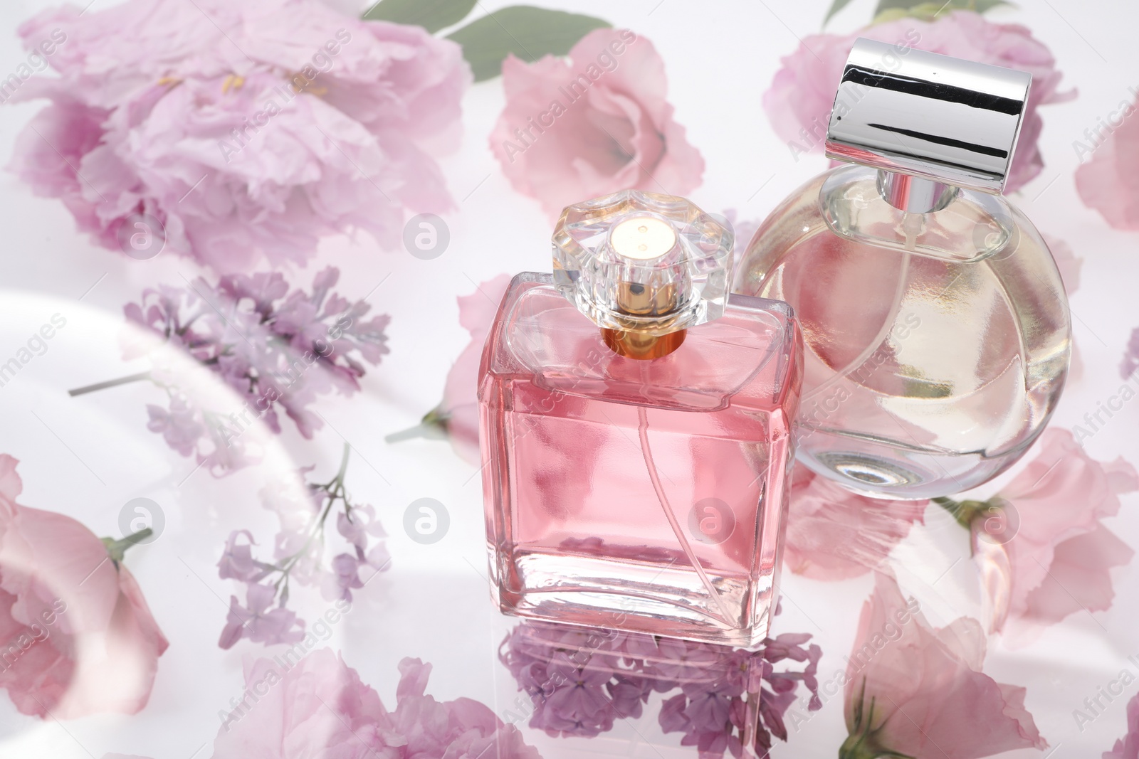 Photo of Two luxury perfumes on spring floral decor