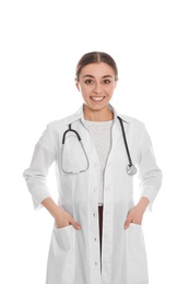 Photo of Portrait of medical doctor with stethoscope isolated on white