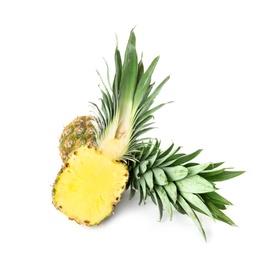 Whole and cut juicy pineapples isolated on white