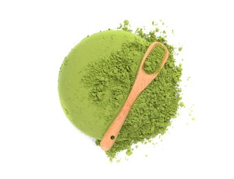 Pile of green matcha powder and scoop isolated on white, top view