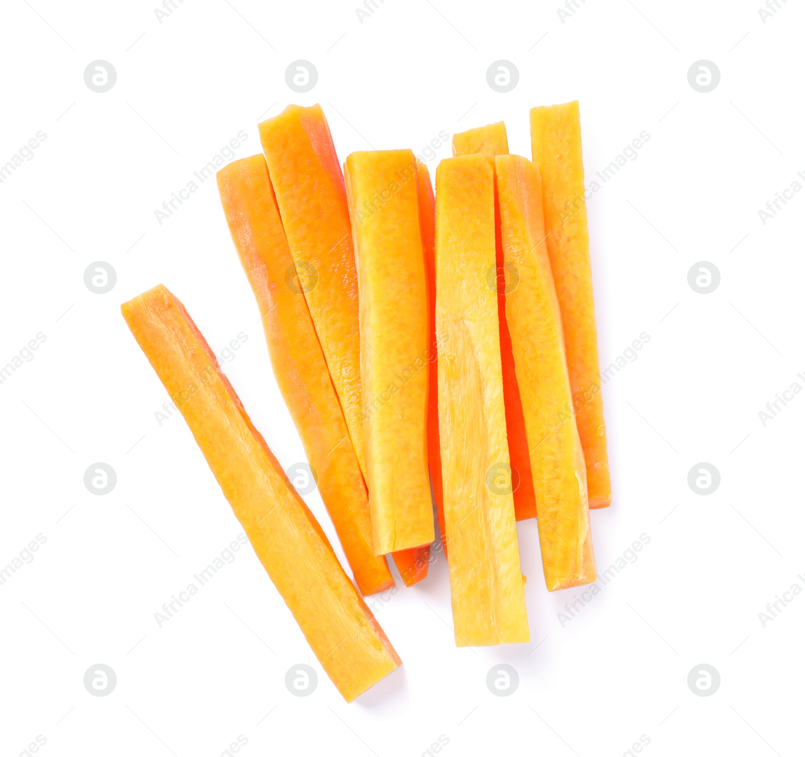 Photo of Pile of delicious carrot sticks isolated on white, top view