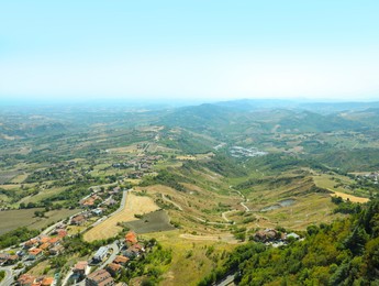 Aerial view of countryside on sunny day