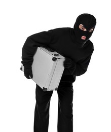 Photo of Thief in balaclava with briefcase of money on white background