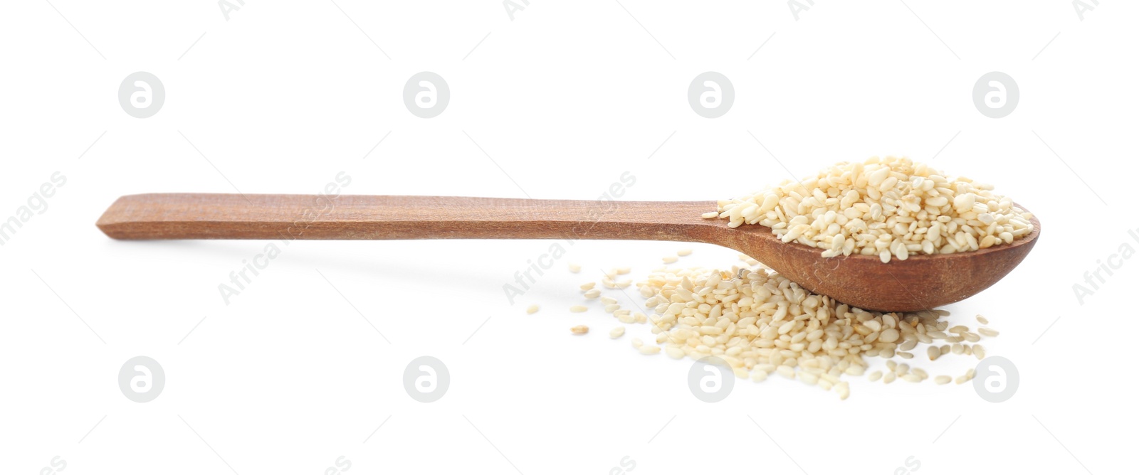 Photo of Wooden spoon with sesame seeds on white background