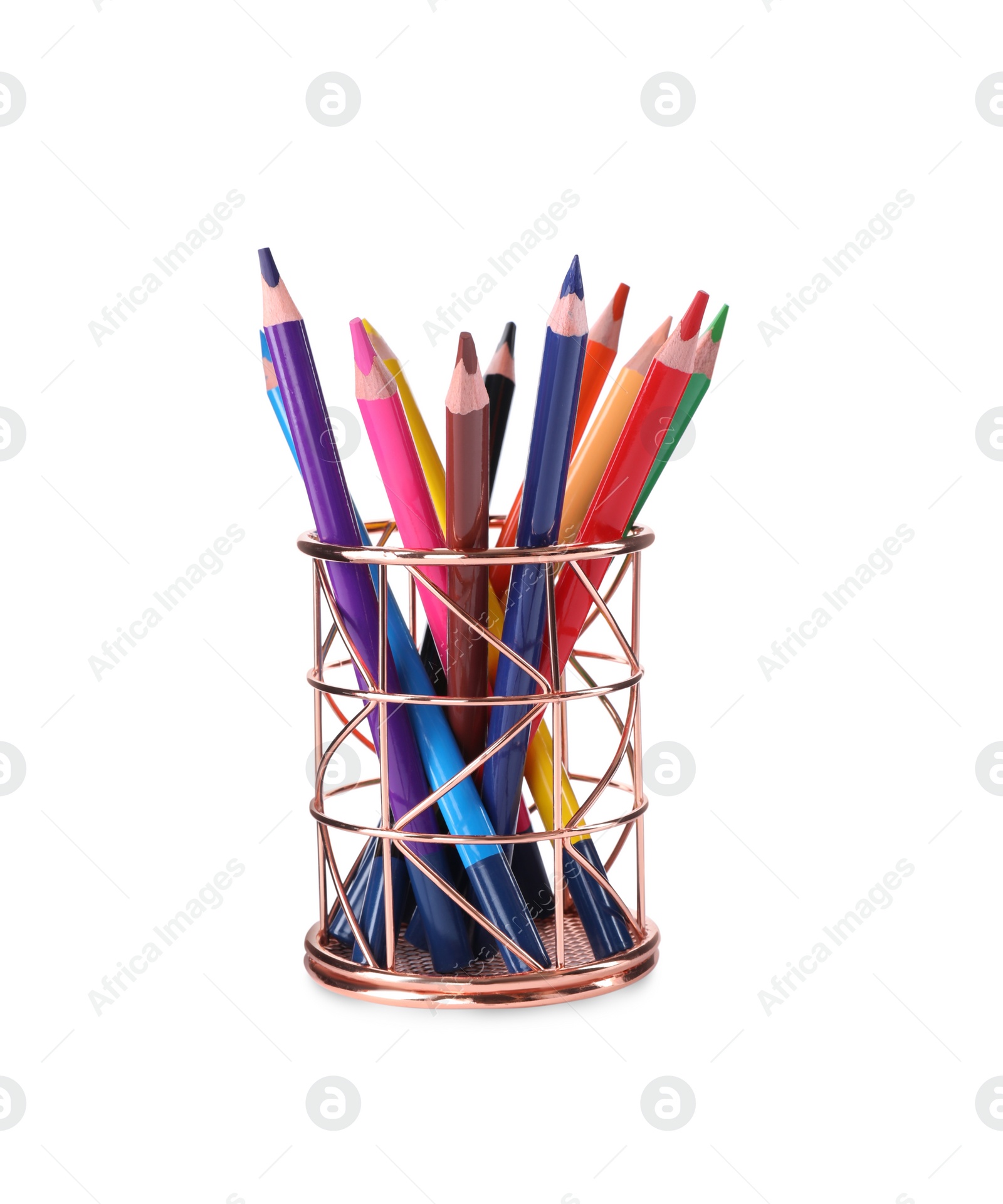 Photo of Many colorful pencils in holder isolated on white