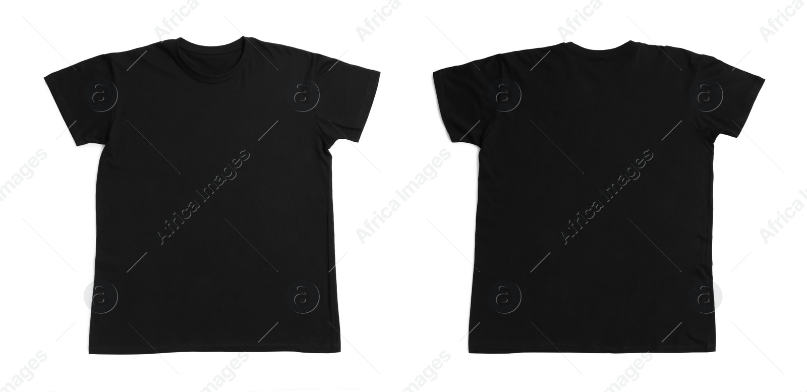 Image of Black t-shirt with space for design isolated on white. Back and front views