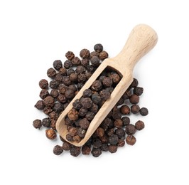 Photo of Aromatic spice. Many black peppercorns in scoop isolated on white, top view