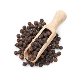 Aromatic spice. Many black peppercorns in scoop isolated on white, top view