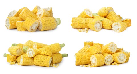 Set with tasty ripe corn cobs on white background