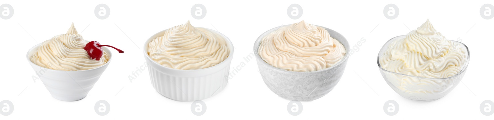 Image of Set with delicious fresh whipped cream on white background. Banner design