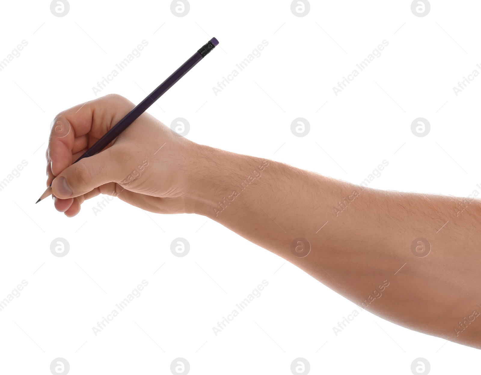 Photo of Man holding pencil on white background, closeup of hand