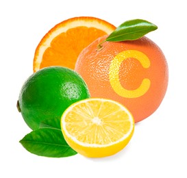 Image of Source of Vitamin C. Different citrus fruits with leaves on white background