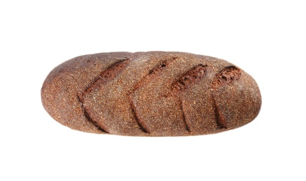 Loaf of rye bread isolated on white, top view