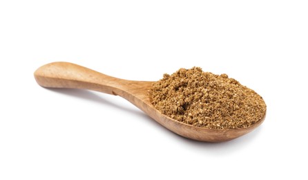Photo of Wooden spoon of aromatic caraway (Persian cumin) powder isolated on white