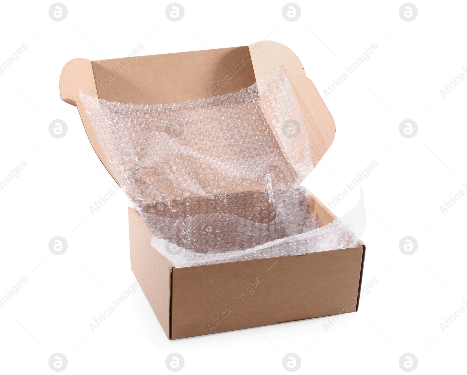 Photo of Open cardboard box with bubble wrap isolated on white