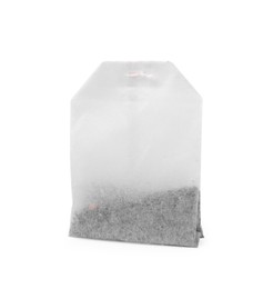 Photo of One new tea bag on white background