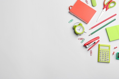 Photo of School stationery on white background, flat lay with space for text. Back to school