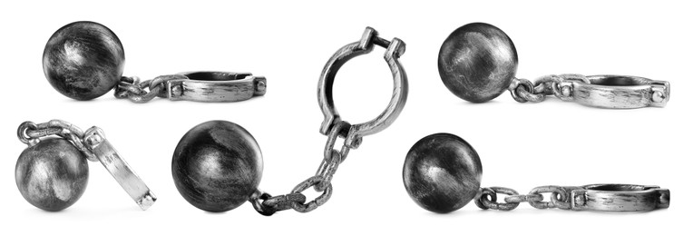 Image of Set with metal balls and chains on white background, banner design 