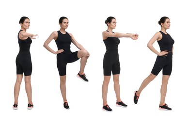 Image of Young woman doing morning exercises on white background, collage design