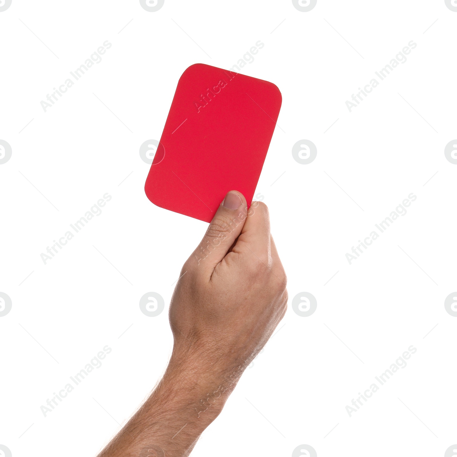 Photo of Man holding red card on white background, closeup of hand