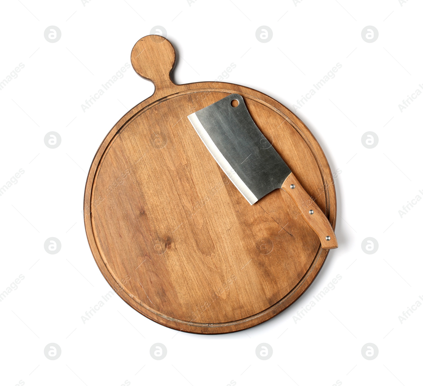 Photo of Cleaver knife with wooden board isolated on white, top view