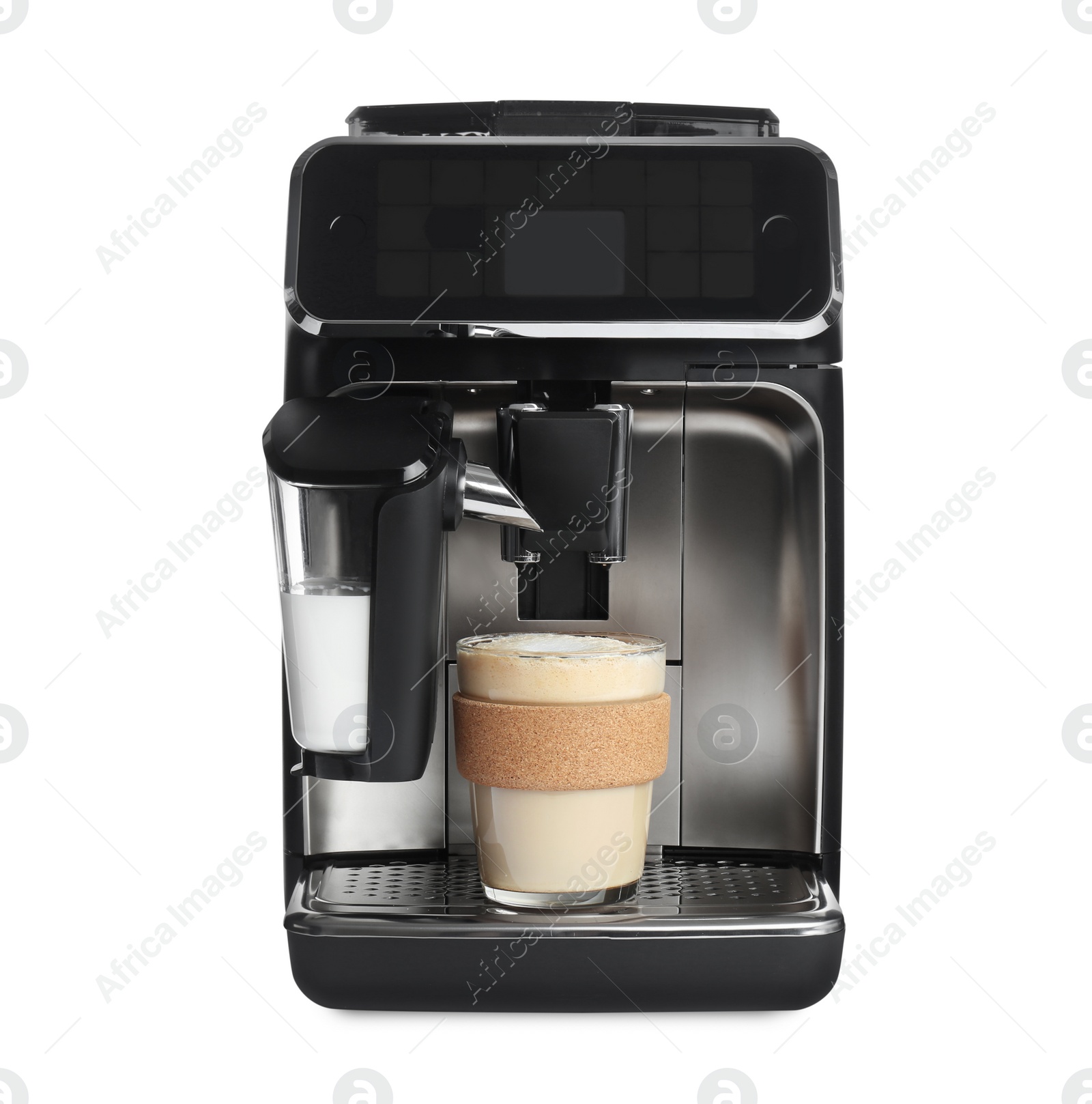 Photo of Modern coffee machine with glass of cappuccino isolated on white