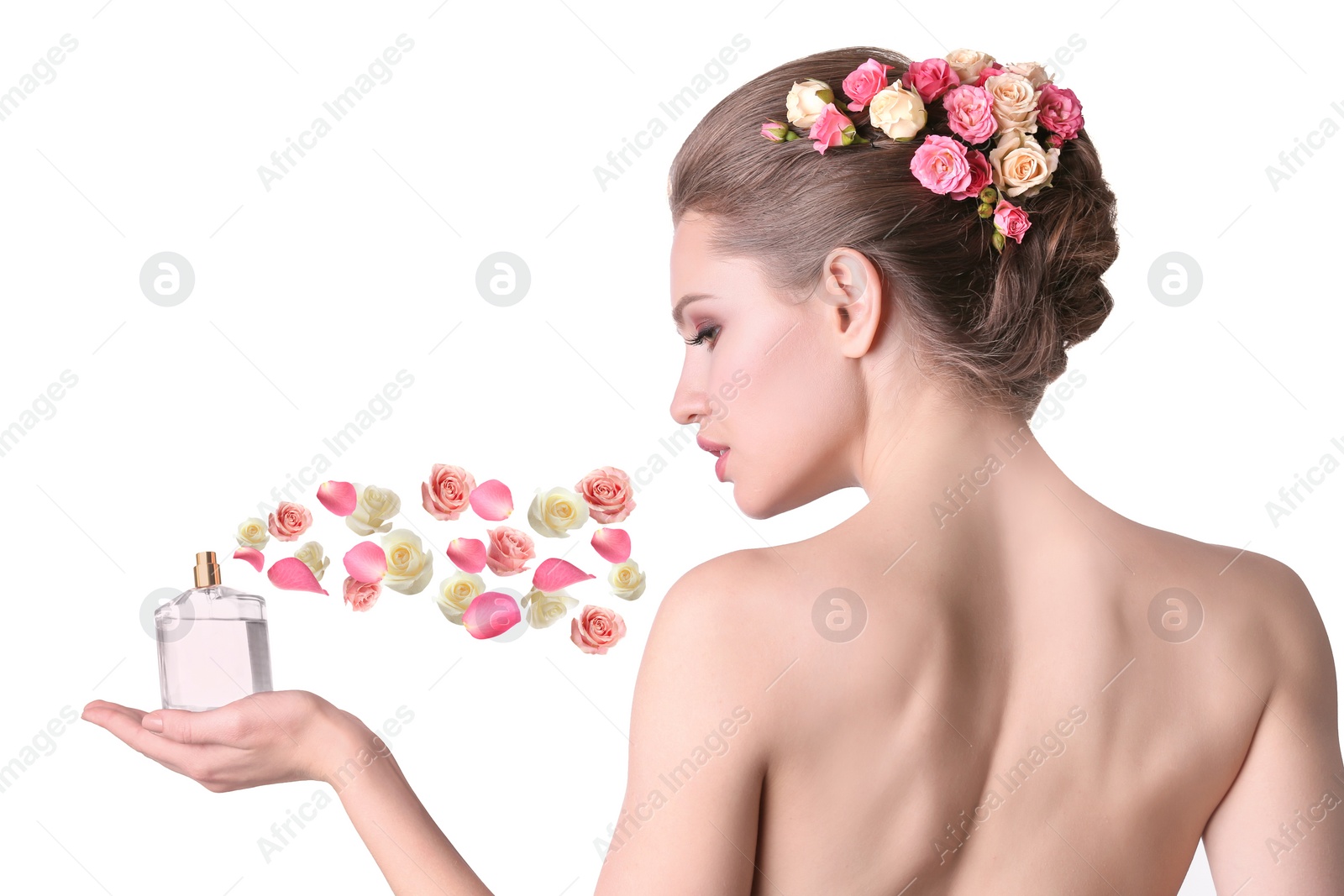 Image of Beautiful woman and bottle of perfume with floral scent on white background 