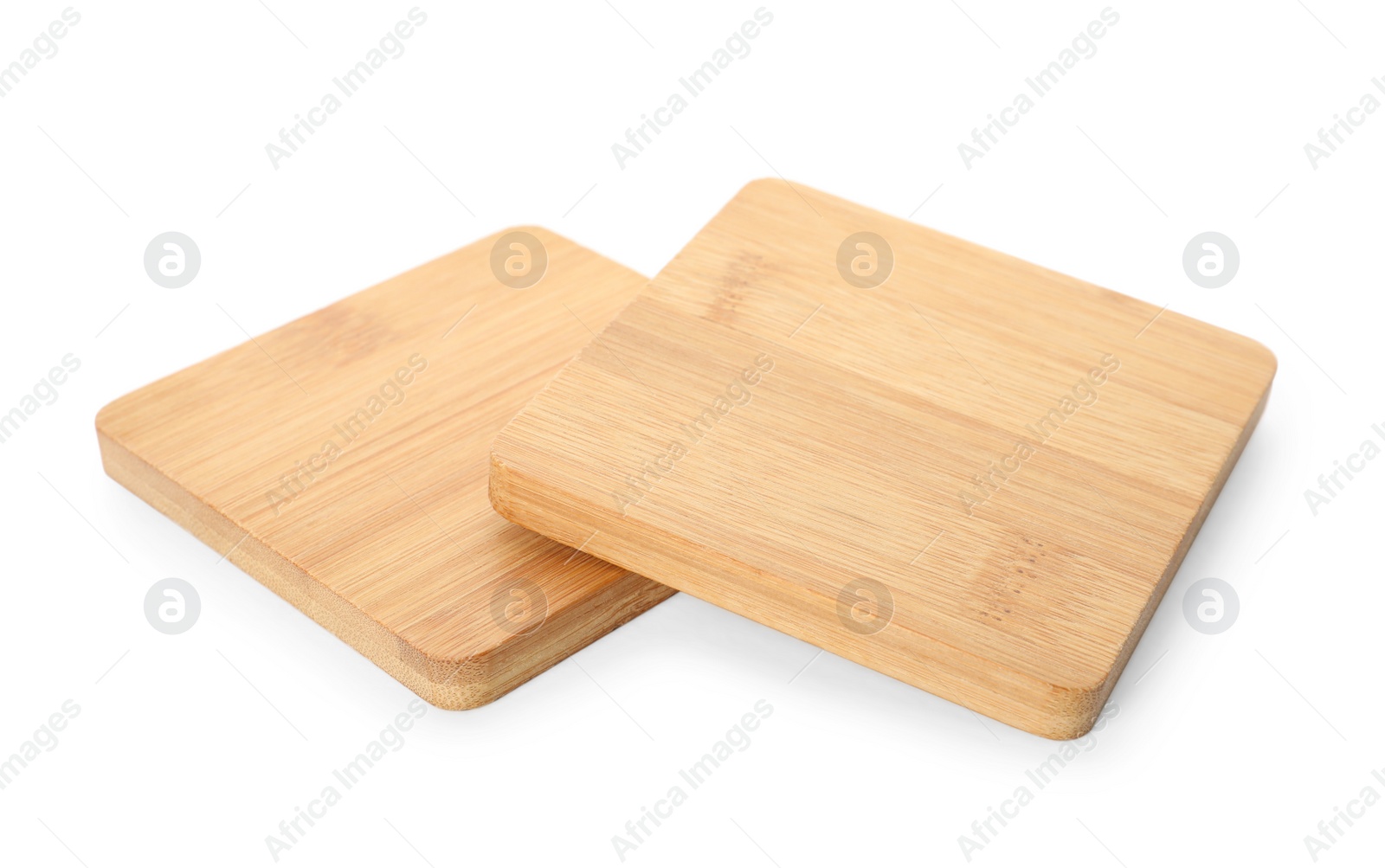 Photo of Stylish wooden cup coasters on white background