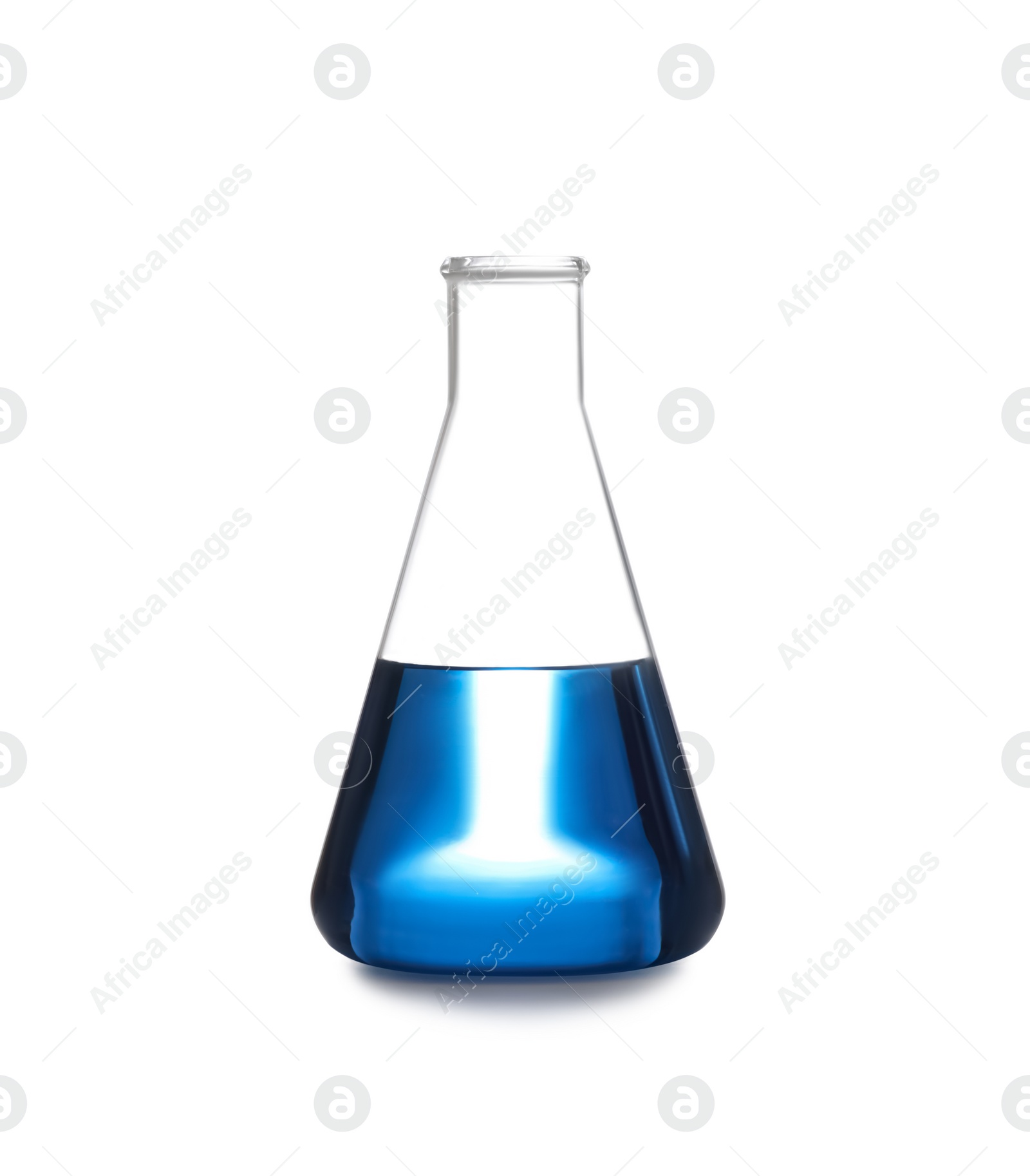 Photo of Conical flask with blue liquid isolated on white. Laboratory glassware