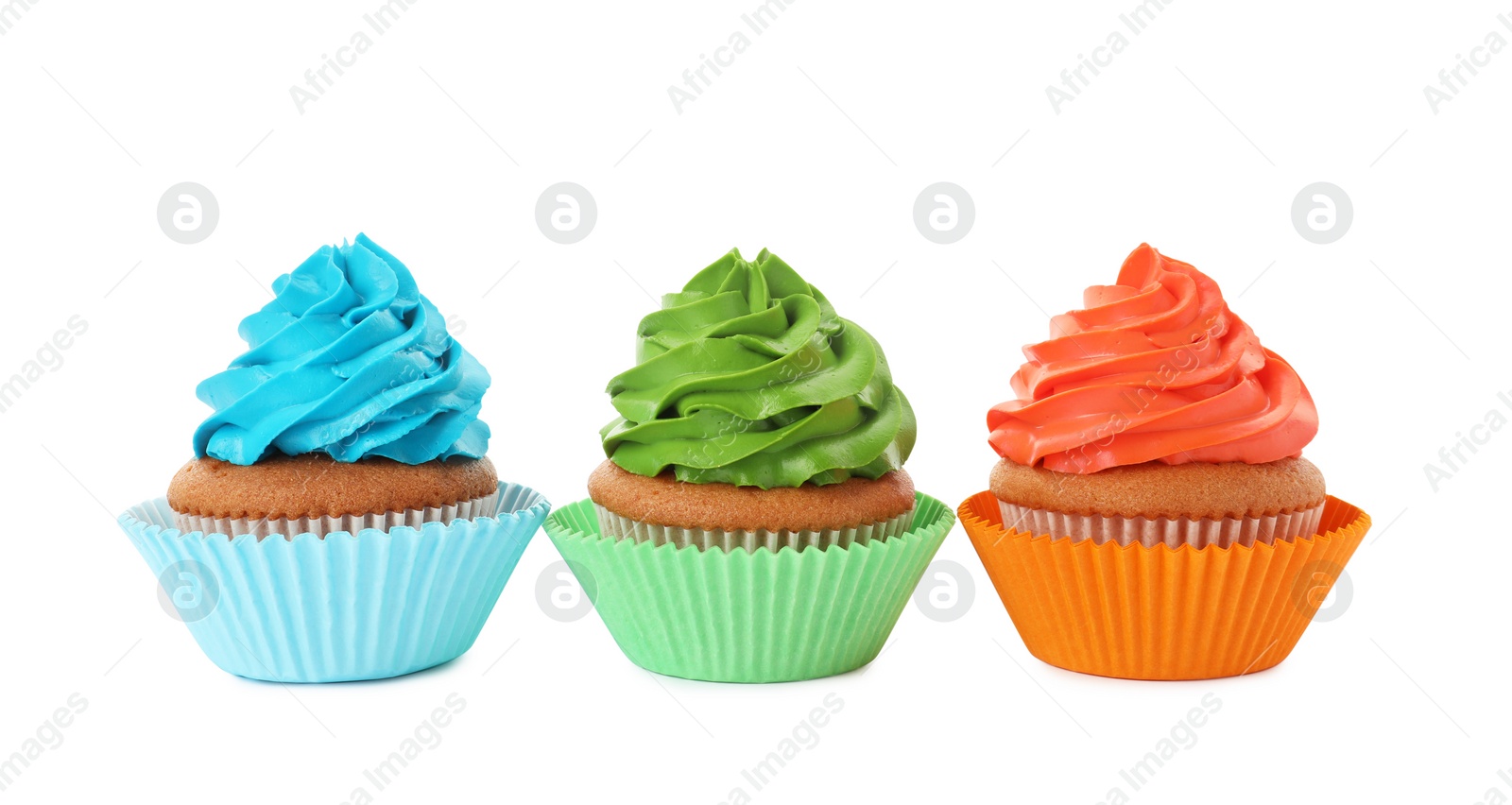 Photo of Different delicious colorful cupcakes on white background